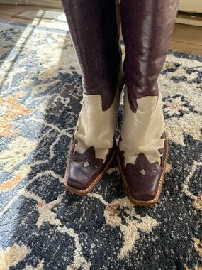 Vintage Leather Western Boots Brown Cream Colorblock Ostrich Embossed EU 37